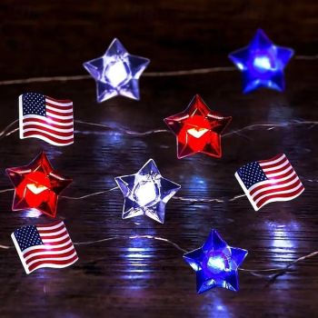Patriotic LED String Lights Independence Day Decor Lights 2m 20LEDs Battery Powered Fourth of July  Stars Fairy Lights Red White Blue Holiday Home Decoration