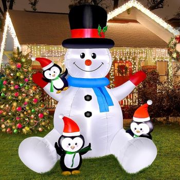 7FT Christmas Inflatable Snowman with Penguins Blow Up Inflatables Christmas Outdoor Yard Decoration with Built-in LED Lights for Outdoor Holiday Party Patio Lawn Garden