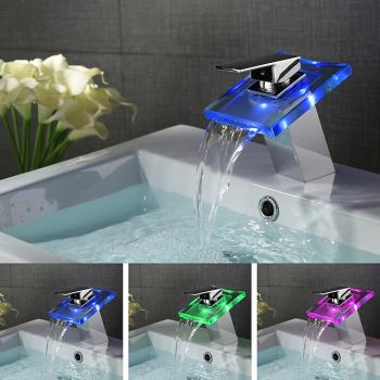 LED Bathroom Sink Faucet,Brass Waterfall 3-color Temperature Controlled Glass Spout Contemporary Style Chrome Finish Single Handle One Hole with Hot and Cold SwitchSmart Faucet