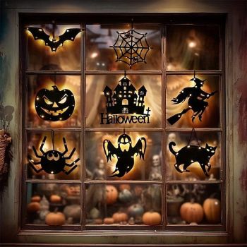 Halloween Window Lights Halloween Decorations LED Spider Ghost Web Battery Operated Indoor Window Hanging Lights Party Home Decoration