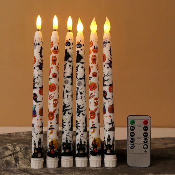Halloween Colored Pattern Flameless Taper Candles LED Candlesticks Battery Operated with 11-Key Remote and Timer 3D Flickering Flame Lights for Dinner Holiday Indoor Decor Gifts (6PCS 0.79''x 9.9'')