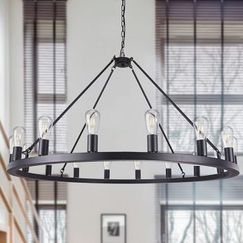 LED Chandelier Black on Wheels 20-Light Large Round Rustic Countryside Chandelier Industrial Light Fixture for Dining Room Living Room Kitchen Island Foyer Hallway
