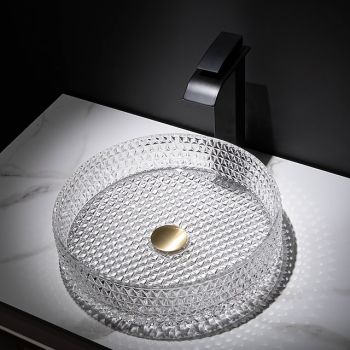 Bathroom Vessel Sink with Black Faucet, Modern Clear Tempered Glass Basin with Pop-Up Drain, Artistic Round Basin Bowl Set, Above Counter Vanity Sink Washbasin Art