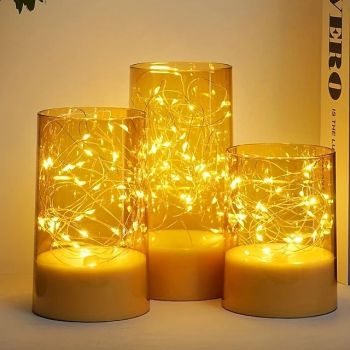 3pcs/Set Acylinder Flameless Candles With Remote, Embedded String Lights & Timer - Perfect for Halloween Decor & Home Decor