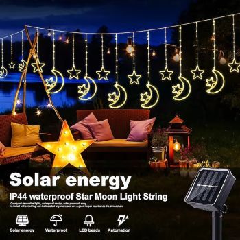 Led Decorative Light Solar Moon Star Light String Outdoor Waterproof Solar Curtain Light 8 Modes Of Hanging Ice Bar Light 1PC