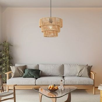 Country Vintage 3-Tier Jute Rope Pendant Light, Hand-Woven Organic Design, Warm White/White Light, E26/E27, Adjustable Chain