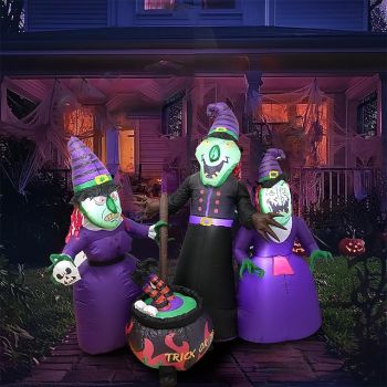 1 Pc 1.9M/6.23FT Halloween Three Witch Soup Making LED Light Inflatable Air Model Indoor and Outdoor Courtyard Garden Lawn Party Christmas Horror and Weird Atmosphere Decorative Light US/EU/UK/AU Plug