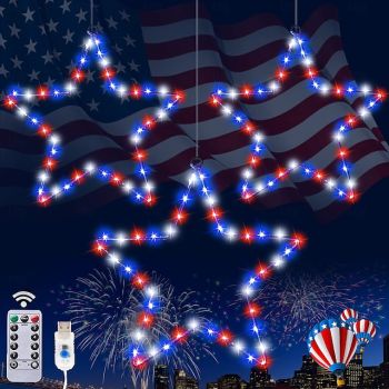 1 Pc Patriotic Hanging Lights Wrought Iron Red, White, Blue Five Pointed Star July 4th American Independence Day Showcase Courtyard Balcony Porch Party Patriotic Atmosphere Remote Control