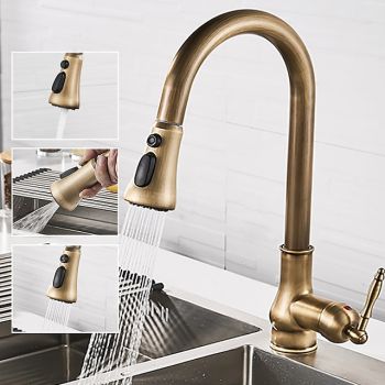 Kitchen Faucet with Sprayer,Antique Brass Pull-out 3-Function Outlet Mode Single Handle One Hole Sink Kitchen Taps with Soap Dispenser or Drain Pull Down Kitchen Faucets