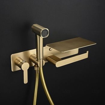Brushed Grey Bidet Sprayer Concealed Button Brass Valve with Commodity Shelf Paper Holder Plastic Sprayer PVC Hose Hygienic Wash