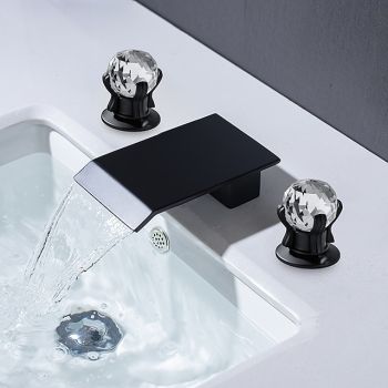 Bathroom Sink Faucet with Two Crystal Knob Handles Waterfall Matte Black/Chrome Deck Mounted Widespread 3 Holes Bathroom Faucets for Bathtub or Sink Limited Lifetime Warranty