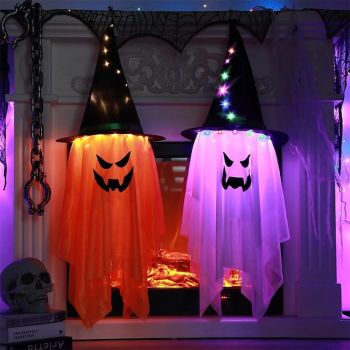 Halloween Decorations Flying Witch Hats Lighted Ghost Hanging LED Lights Bar Halloween Party Supplies Dress Up Glowing Wizard Ghost Lamp