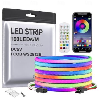 5V 5MM Width 1-5M COB WS2812B IC RGB 160LED/m LED Strip Individual Addressable Flexible High Density Uniform Light Dream Chasing Color