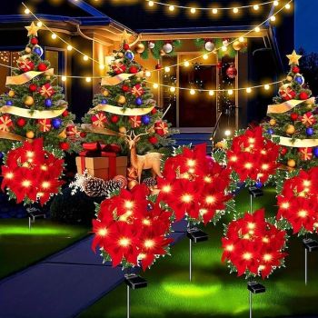 Solar Christmas Poinsettia Light, Ground Mounted for Festive Outdoor Courtyard Gardens Decoration 1pc