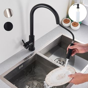 Kitchen Sink Mixer Faucet with Pull Out Sprayer, Stainless Steel Rotatable Vessel Tap, Rainfall/Waterfall Mode Spray Faucet, Black&Silver Kitchen Faucet Tap with Soap Dispenser Pull Down Kitchen Faucets