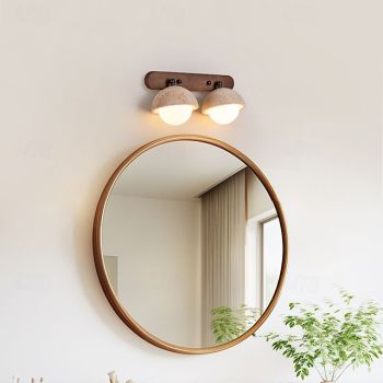 Modern 2/3 Light Vanity Light Wood Base Concrete Look Shades Frosted Globes Nordic Scandinavian Bathroom Lighting Fixture Above