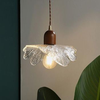 LED Pendant Light Warm White 1-Light 7W Modern Ribbed Glass Lotus Leaf Design E26/E27 Chandelier with Adjustable Cord Ceiling Pendant Light Fixture for Bedroom Living Room Kitchen 110-240V