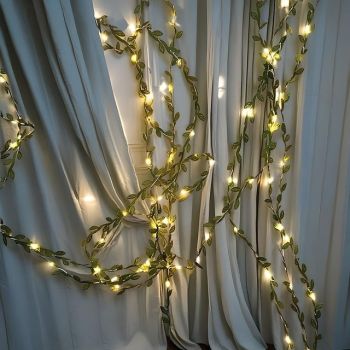 Elegant Wedding Reception Party 5M 50 LED Green Leaves Garland Fairy Lights, Battery-Powered Copper Wire String Lights for Wedding, Forest Table, Christmas & Home Decor
