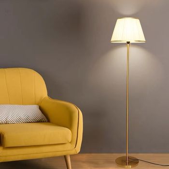 Modern Floor Lamp for Living Room, Height Adjustable Standing Lamp with Brass Base, Gold Brass Tall Post Light with White Linen Shade for Reading, Bedroom, Pull Chain Switch, Bulb Included