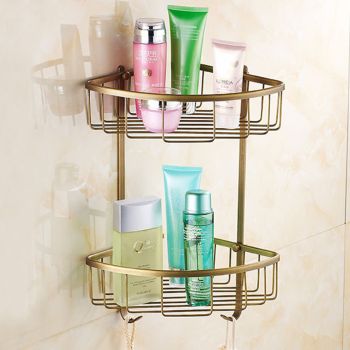 Shower Caddy Bathroom Shelf Standing, Bathroom Shelf Corner Basket Antique Brass Shower Caddy for Shampoo Soap Hair Dryer Holder Triangle Shelves Wall Mounted Basket Rack ShowerBath Hardware