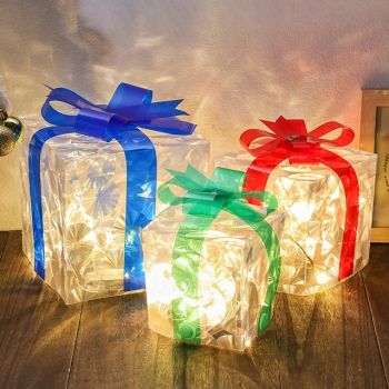 3 Pcs Christmas bow LED luminous gift box for indoor and outdoor Christmas atmosphere decoration lights, ornaments, props, AAA battery box 13/15/19CM