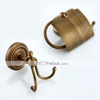 Bath Accessory Set Include Toilet Paper Holder and Robe Hook Antique Brass Wall Mounted 2 pcs Bath Hardware