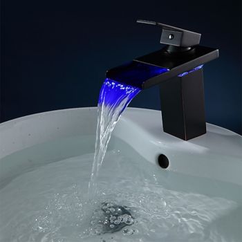 Brass Bathroom Sink Faucet,Waterfall Oil-rubbed Bronze Single Handle One Hole Water Flow LED Power Source Bath Taps with  Zinc Alloy Handle Material, Ceramic Valve,and Cold/Hot SwitchSmart Faucet