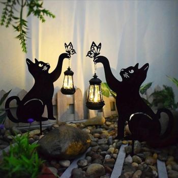 1/2pcs Outdoor LED Solar Lawn Lamp Black Cat for Yard Garden Decoration Halloween Christmas New Year Wedding Party Solar Pathway Lamp Waterproof Black Iron Cat Lamp