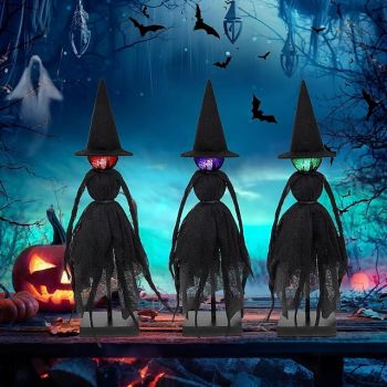 3 Pack Vintage Witch with Hats 3 LED Colors Spooky Halloween Witch Statue for Mantel, Home, Kitchen, Office, Shelf, Porch, Tabletop, Halloween Decor