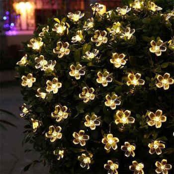 5m Solar Cherry Blossom String Lights,20 LEDs Waterproof Christmas String Lights, Warm White/RGB/Blue Garden Lights for Christmas Outdoor Night Lighting