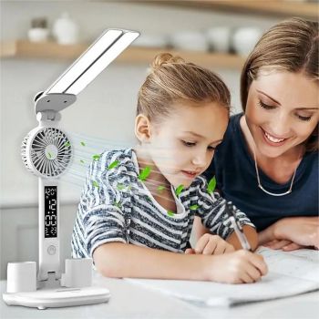 180 Rotatable Double Head LED Desk Lamp Multifunction Table Light with Calendar Fan Pen Holder Thermometer USB Night Light for Offices Reading