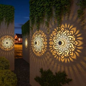 1/2/4PCS Solar Wall Light Metal Lantern Solar Outdoor Deck Step Light Mandala Theme Waterproof LED Solar Landscape Projector Light for Christmas Garden Pillar Terrace Yard Decoration