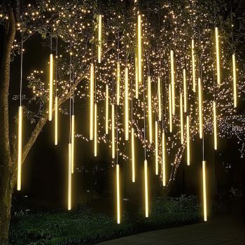 2 Pack Meteor Shower Christmas Lights Outdoor 30cm 8 Tubes 192 LED Falling Rain Lights Plug in Icicle Snow Cascading String Lights for Xmas Tree Holiday Patio Decorations
