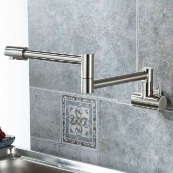 Brass Kitchen Faucet, Wall Mounted Pot Filler Single Handle One Hole Nickel Brushed Rotatable and Pre Rinse Kitchen Taps with Cold Water Only Foldable Faucet