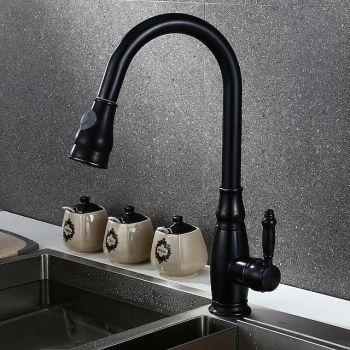 Brass Kitchen Faucet,Single Handle One Hole Oil-rubbed Bronze Pull-out Spray Widespread Tall High Arc Vessel Antique Kitchen Taps with Hot and Cold Switch Pull Down Kitchen Faucets