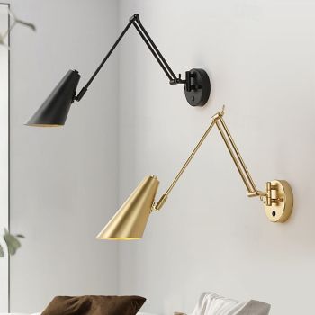 Vintage Industrial Swing Arm Wall Lamp Dimmable Switch Adjustable Gold Long Arm Wall Mounted Reading Light Black White Farmhouse Hardwire Bedroom Headboard Wall Lamp