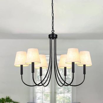 Black Chandelier Light Fixture with Lampshades, 6 Light Modern Farmhouse Chandeliers for Dining Room 28 in Industrial Rustic Pendant Light Fixture Ceiling for Kitchen Living Room Bedroom 110-240V