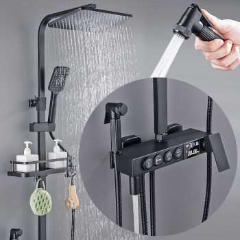 Shower Faucet with LED Display Thermostatic Mixer valve Set Handshower Included Pullout/Shelf Rainfall Shower Electroplated Mount Outside Ceramic Valve Bath Shower Mixer Taps Foundation of a Perfect Shower