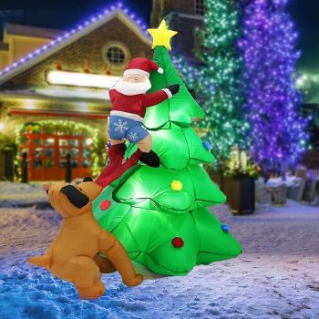 1.8m Christmas Inflatable Dog Chases Santa Claus, Climbs Tree, Dog Climbs Christmas Tree, 5.9FT Light-up Air Dog Pulls Pants Outdoor Patio Xmas Decoration