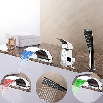 Bathtub Faucet Waterfall Spout LED 3 Color Water Flow with Heldhand Shower, Widespread Bath Roman Tub Filler Mixer Tap Bathroom 3 Hole Deck Mounted Durable Bathtub Faucet