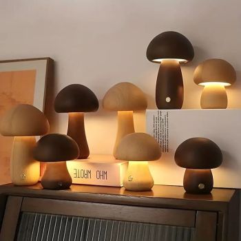 Dimmable LED Mushroom Table Lamp Touch Wooden Office Lamp USB Rechargeable Night Light Bedroom Home Cafe Office Decoration Birthday Gift