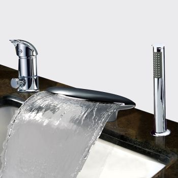 Waterfall Bathtub Faucet Deck Mounted, Widespread Bathroom Faucet Bath Roman Tub Filler Mixer Tap Brass, 3 Hole Sprayer with Cold Hot Water Hose Durable Bathtub Faucet