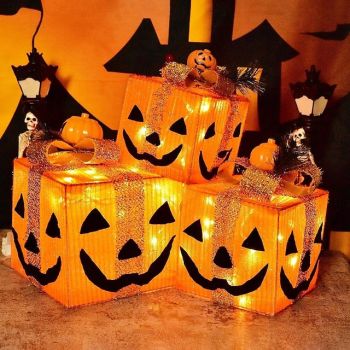 1 Set of 3 Pcs 15.5/20.5/25.5CM Halloween pumpkin face glowing gift box decoration light indoor and outdoor party atmosphere light AAA battery box