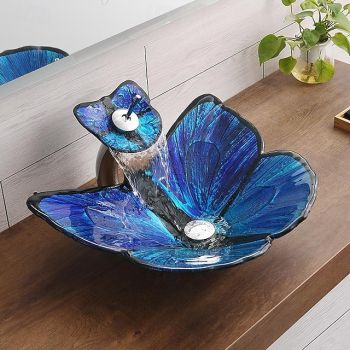 Bathroom Vessel Sink Butterfly Shape Artistic Tempered Glass Vessel Sink Vessel Bowl Sink Countertop Vanity Vessel Sink with Waterfall Faucet and Pop Up Drain Combo Washbasin Art