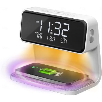 Alarm Clock with Wireless Charging Bedside Touch Lamp Alarm Clocks Bedrooms Night Light Dimmable LED Display Fast Wireless Charger Station with Room Thermometer Indoor
