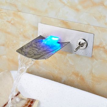 Bathroom Sink Faucet - LED / Wall Mount / Waterfall Nickel Brushed Wall Mounted Two Holes / Single Handle Two HolesBath TapsSmart Faucet