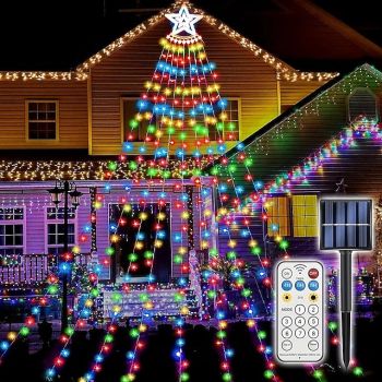 11.5FT 350LED Solar Star String Light Outdoor, Waterfall Lights, Christmas Tree Lights, Easy Installation, Waterproof Christmas Lights For Yard Christmas Decorations Wedding Party Home Garden