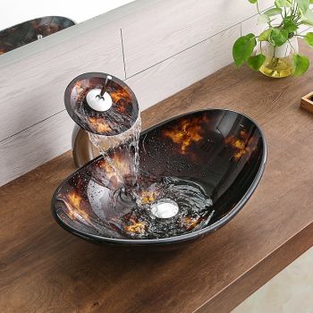 Bathroom Vessel Sink with Faucet Mounting Ring and Pop Up Drain Round Bowl BasinBrown Washbasin Art