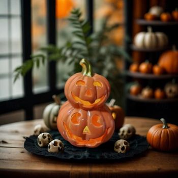 Halloween Ceramic Pumpkin Lantern - Nordic Creative Skull Head Light-Up Table Decor for Halloween Scene Setup and Festive Decorations