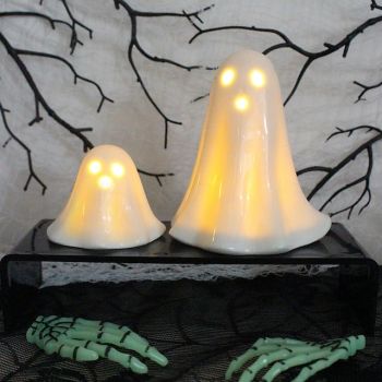 Halloween LED Ceramic Lighted Ghost Set - Resin Light Figurines Cute Ghost for Tabletop, Haunted House, and Escape Room Decor